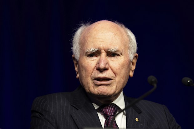 Former Prime Minister John Howard addresses the Australian Cyber Conference at the National Convention Centre in Canberra on Tuesday 21 March 2023. fedpol Photo: Alex Ellinghausen