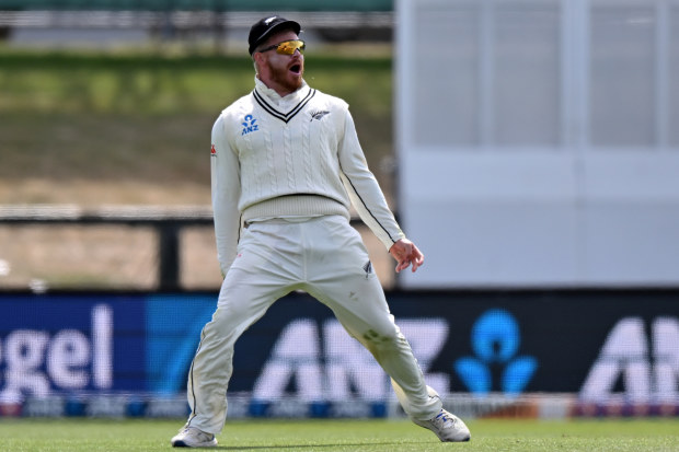 Glenn Phillips of New Zealand celebrates after taking a catch to dismiss Marnus Labuschagne of Australia during day two of the Second Test in the series between New Zealand and Australia at Hagley Oval on March 9, 2024 in Christchurch, New Zealand. (Photo by Kai Schwoerer/Getty Images)