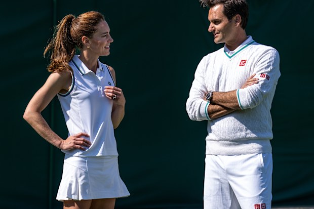 LONDON, ENGLAND - JUNE 24:  In this handout images released by Kensington Palace on June 24, 2023, Catherine, Princess of Wales and Wimbledon Champion Roger Federer talk before playing tennis on No.3 Court at The All England Lawn Tennis Club, Wimbledon, on June 8, 2023 in London, England. (Photo by Handout/Thomas Lovelock - AELTC via Getty Images)