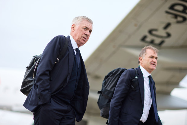 Carlo Ancelotti, head coach of Real Madrid, and Luis Llopis, goalkeeping coach of Real Madrid arrive at Luton Airport ahead of their UEFA Champions League 2023/24 final match.