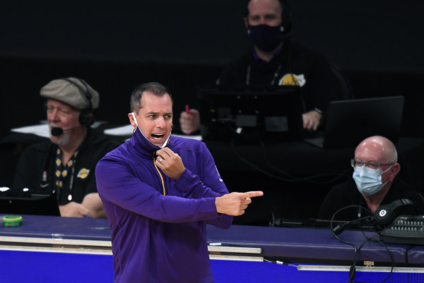 Coach Frank Vogel of the Los Angeles Lakers reacts from the sidelines.