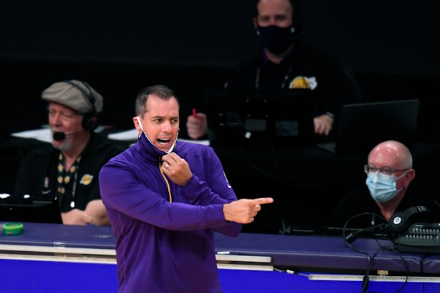 Coach Frank Vogel of the Los Angeles Lakers reacts from the sidelines.