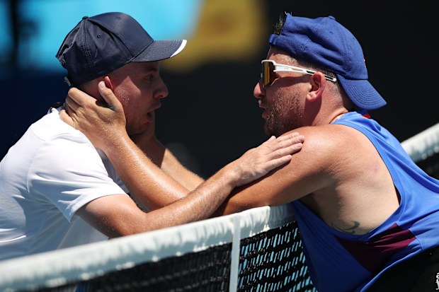 Dylan Alcott of Australia and Andy Lapthorne of Great Britain embrace after Dylan Alcott won the Men's Quad Wheelchair Singles Semifinals.