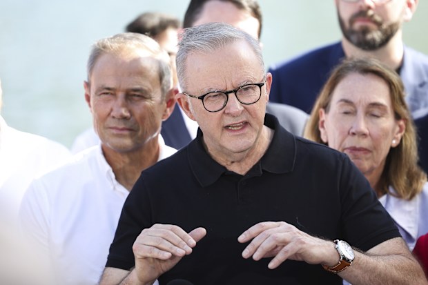 WA Premier Roger Cook and Prime Minister Anthony Albanese at a press conference at Elizabeth Quay in Perth, Western Australia, on Saturday 12 April 2025, during the 2025 federal election campaign. fedpol Photo: Alex Ellinghausen