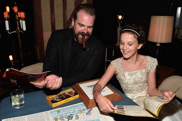 David Harbour and Millie Bobby Brown at Mack Sennett Studios on July 11, 2016 in Los Angeles, California.