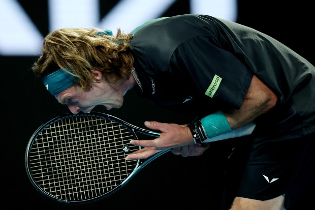 Andrey Rublev screams after giving away early points in the third set of his match against Jannik Sinner.