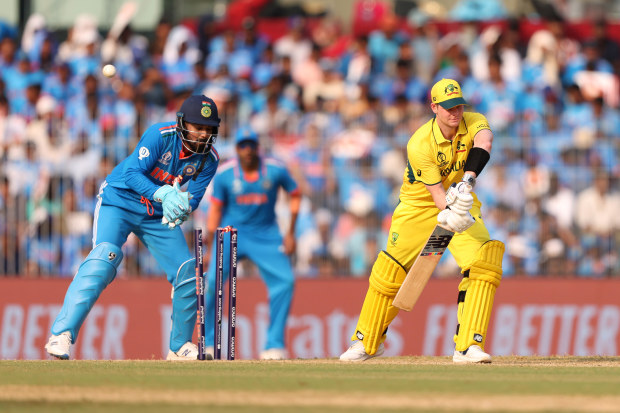 CHENNAI, INDIA - OCTOBER 08: Steve Smith of Australia is bowled by Ravindra Jadeja (not pictured) of India during the ICC Men's Cricket World Cup India 2023 between India and Australia at MA Chidambaram Stadium on October 08, 2023 in Chennai, India. (Photo by Robert Cianflone/Getty Images)
