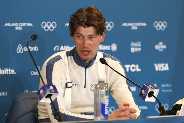 Sturla Holm Laegreid speaks to the media during a press conference following the Men's 20km Individual on day four of the Milano Cortina 2026 Winter Olympic games at Anterselva Biathlon Arena on February 10, 2026 in Antholz-Anterselva, Italy. 