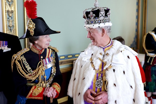 Princess Anne with her brother King Charles III at Buckingham Palace on Coronation Day 2023