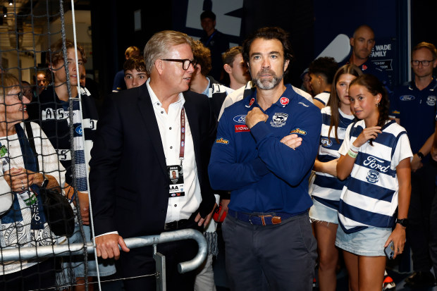 Cats CEO Steve Hocking coach Chris Scott after their win over St Kilda in round one, 2024.