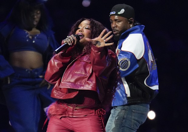 SZA and Kendrick Lamar peform during halftime of the NFL Super Bowl 59 football game between the Kansas City Chiefs and the Philadelphia Eagles, Sunday, Feb. 9, 2025, in New Orleans