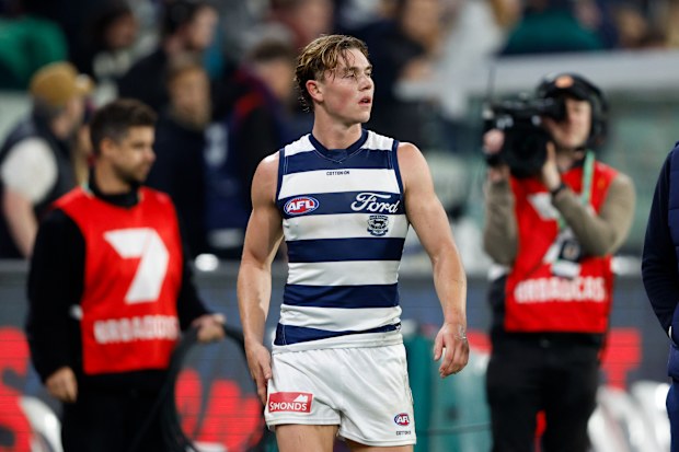 MELBOURNE, AUSTRALIA - MAY 04: Tanner Bruhn of the Cats is seen leaving the ground at half time during the 2024 AFL Round 08 match between the Melbourne Demons and the Geelong Cats at The Melbourne Cricket Ground on May 04, 2024 in Melbourne, Australia. (Photo by Dylan Burns/AFL Photos via Getty Images)