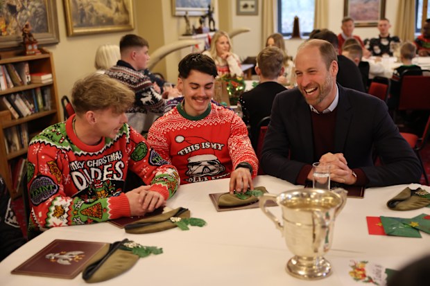 BULFORD, WILTSHIRE - DECEMBER 10: Prince William, Prince of Wales, Colonel-in-Chief, 1st Battalion Mercian Regiment, visits the Regiment for a Christmas event for families at Picton Barracks on December 10, 2024 in Bulford, Wiltshire. (Photo by Richard Pohle - WPA Pool/Getty Images)
