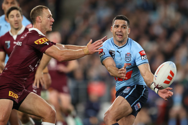 SYDNEY, AUSTRALIA - JULY 12: Cody Walker of the Blues passes the ball during game three of the State of Origin series between New South Wales Blues and Queensland Maroons at Accor Stadium on July 12, 2023 in Sydney, Australia. (Photo by Brendon Thorne/Getty Images)