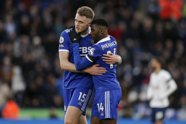 LEICESTER, ENGLAND - FEBRUARY 11: Kelechi Iheanacho of Leicester City celebrates with Harry Souttar of Leicester City after scoring their third goal to make the score 3-1 during the Premier League match between Leicester City and Tottenham Hotspur at The King Power Stadium on February 11, 2023 in Leicester, United Kingdom. (Photo by Daniel Chesterton/Offside/Offside via Getty Images)