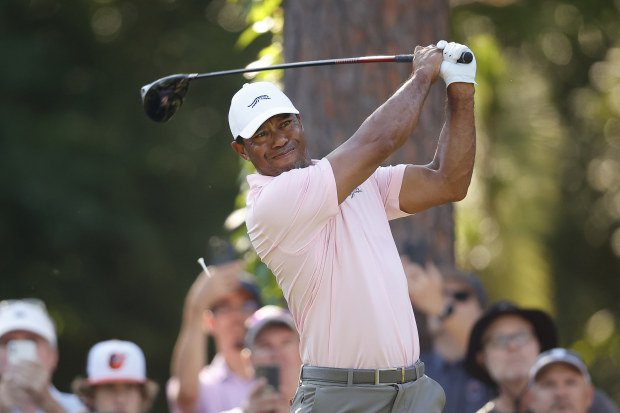 Tiger Woods of the United States plays his shot from the fifth tee during a practice round prior to the U.S. Open at Pinehurst Resort on June 11, 2024 in Pinehurst, North Carolina. (Photo by Alex Slitz/Getty Images)