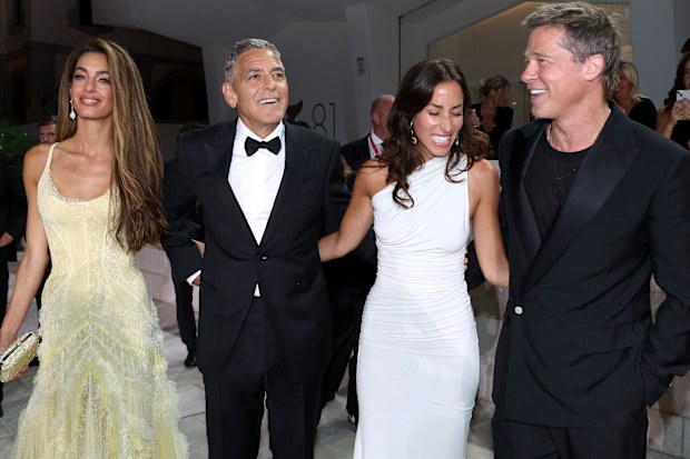 Amal Clooney, George Clooney, Ines de Ramon and Brad Pitt