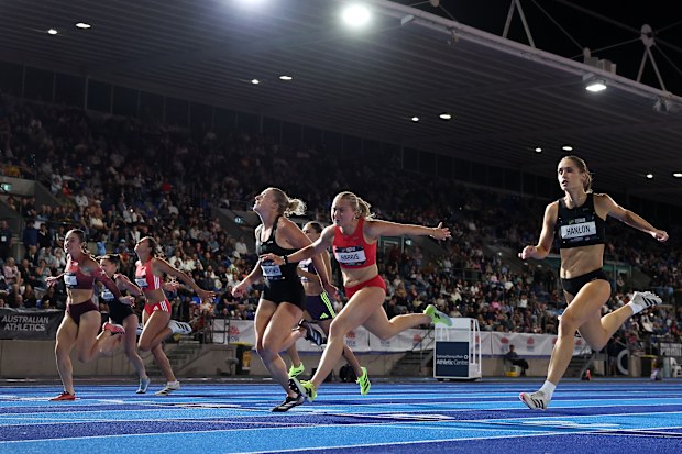 SYDNEY, AUSTRALIA - APRIL 11: Chloe Mannix-Power of Queensland and Georgia Harris of Queensland compete in the Women's 100m Final during the 2026 Australian Athletics Championships at Sydney Olympic Park Athletic Centre on April 11, 2026 in Sydney, Australia. (Photo by Cameron Spencer/Getty Images)