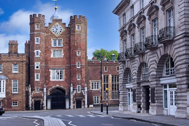 Looking south on St. James Street towards the central tower of St. James Palace