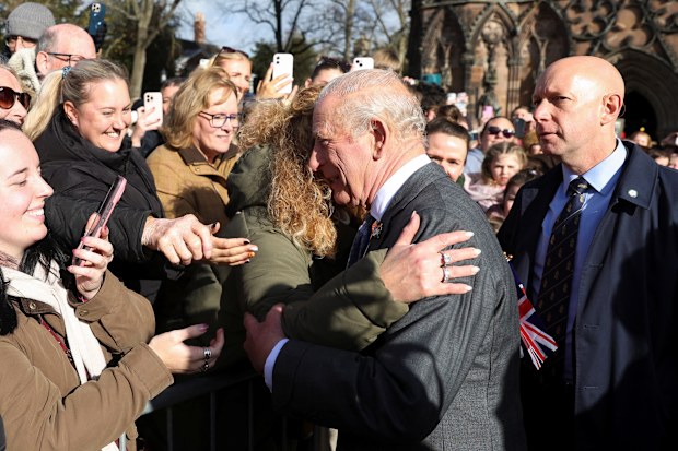 LICHFIELD, STAFFORDSHIRE - OCTOBER 27: King Charles III meets members of the public following his visit to Lichfield Cathedral, with a focus on the Fenland Black Oak Table, The Table for the Nation on October 27, 2025 in Lichfield, Staffordshire. (Photo by Temilade Adelaja - WPA Pool/Getty Images)