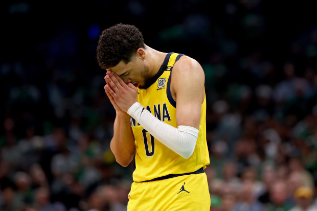 Tyrese Haliburton of the Indiana Pacers reacts during the fourth quarter.