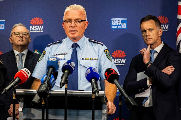 Prime Minister Anthony Albanese, Premier of NSW Chris Minns,  and  NSW Police Commissioner Mal Lanyon provide an update on the Bondi Beach shooting at a press conference at NSW Police Executive offices in Sydney, Tuesday, 16 December 2025.
