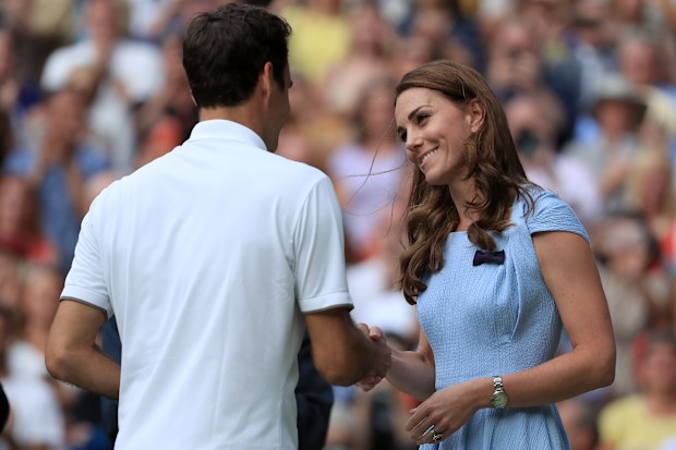 Catherine, Duchess of Cambridge consoles Roger Federer after his loss to Novak Djokovic at Wimbledon 2019.