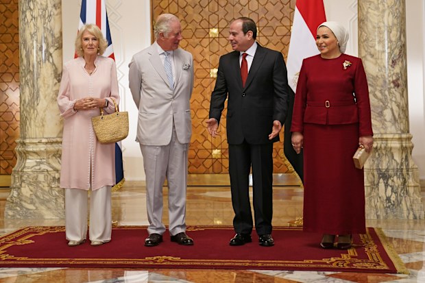 Prince Charles and Camilla, Duchess of Cornwall, President of Egypt, Abdel Fattah el-Sisi, and the First Lady, Entissar Amer, at Al-Ittahadiya Palace