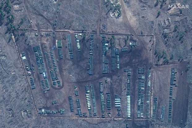 A satellite image provided by Maxar Technologies shows tanks and other military equipment at the Russian military's Pogorovo training area, near Voronezh, Russia on April 10, 2021.