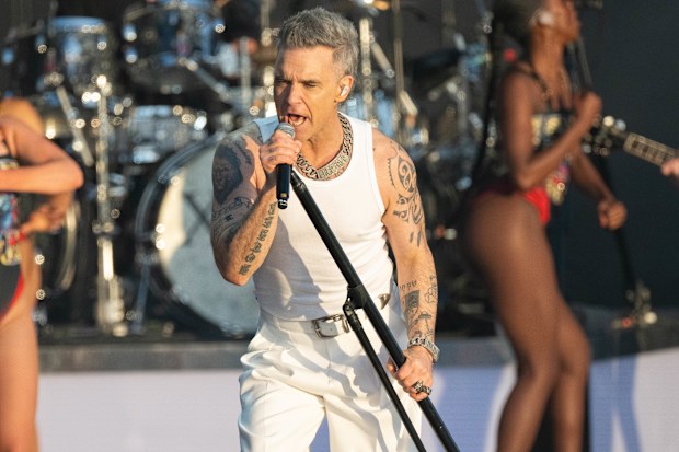 Robbie Williams performs on stage at BST Hyde Park July 6, 2024 