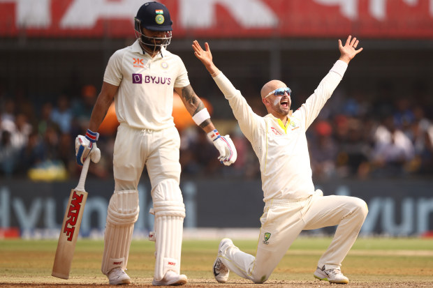 Nathan Lyon of Australia appeals unsuccessfully for the wicket of KS Bharat of India during day one of the Third Test match in the series between India and Australia at Holkare Cricket Stadium on March 01, 2023 in Indore, India. (Photo by Robert Cianflone/Getty Images)