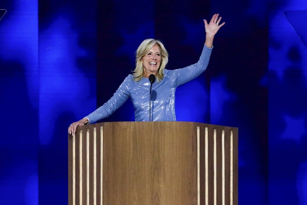 First Lady Jill Biden prepares to deliver a speech during the Democratic National Convention, Monday, Aug. 19, 2024, in Chicago. (Yalonda M. James/San Francisco Chronicle via AP)