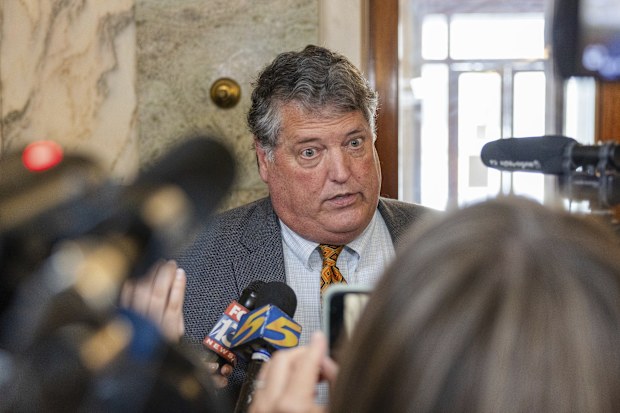 Jeff German a representative for the Presley family, speaks to members of the media following at court hearing on Wednesday, May 22, 2024, in Memphis, Tennessee
