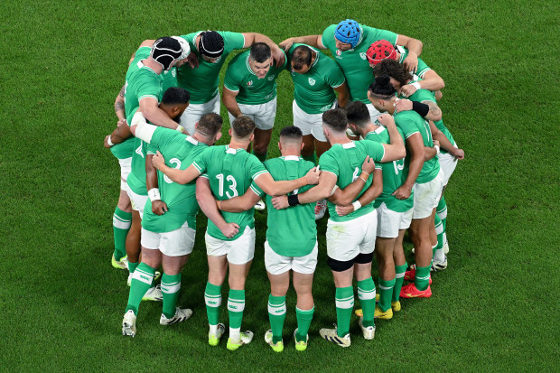Players of Ireland huddle as Johnny Sexton gives a team talk prior to the Rugby World Cup against South Africa.