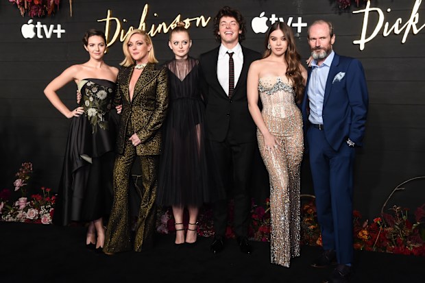 Dickinson cast from left to right: Ella Hunt, Jane Krakowski, Anna Baryshnikov, Adrian Blake Enscoe, Hailee Steinfeld and Toby Huss attend the Season 1 premiere on  Dickinson in 2019. 