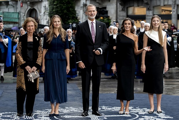 King Felipe VI of Spain, Queen Letizia of Spain, Queen Sofia of Spain, Crown Princess Leonor of Spain and Princess Sofia of Spain arrive at the "Princesa de Asturias" Awards at Teatro Campoamor on October 20, 2023 in Asturias, Spain. 