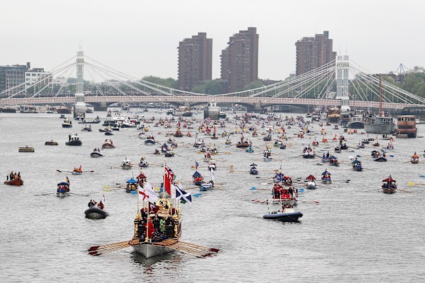 A general view of the Diamond Jubilee Thames River Pageant led by the rowbarge Gloriana on June 3, 2012 in London, England.  