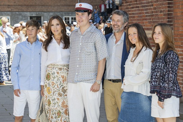 ORDRUP, DENMARK - JUNE 24: Crown Prince Christian, King Frederik X, Queen Mary, Princess Josephine, Prince Vincent and Princess Isabella meet the press as The Crown Prince Christian of Denmark attends his Graduation Ceremony at Ordrup Gymnasium on June 24, 2024 in Ordrup, Denmark. (Photo by Martin Sylvest Andersen/Getty Images)