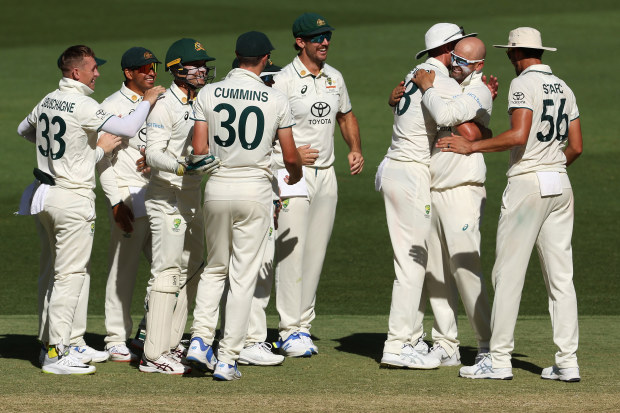 PERTH, AUSTRALIA - DECEMBER 17: Nathan Lyon of Australia celebrates dismissing Faheem Ashraf of Pakistan following a DRS review and taking his 500th test wicket during day four of the Men's First Test match between Australia and Pakistan at Optus Stadium on December 17, 2023 in Perth, Australia (Photo by Paul Kane/Getty Images)