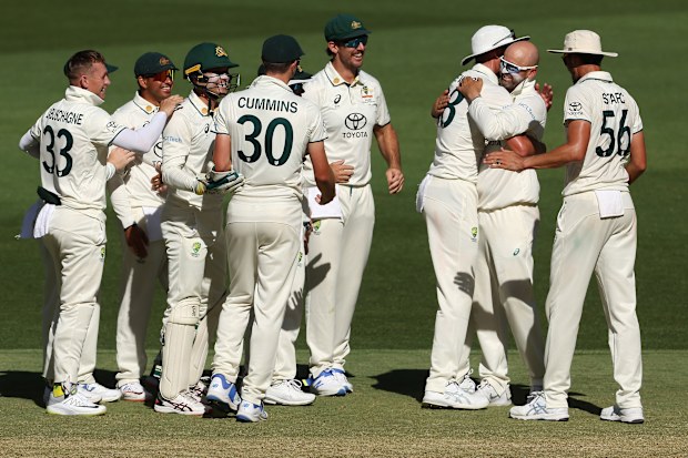 PERTH, AUSTRALIA - DECEMBER 17: Nathan Lyon of Australia celebrates dismissing Faheem Ashraf of Pakistan following a DRS review and taking his 500th test wicket during day four of the Men's First Test match between Australia and Pakistan at Optus Stadium on December 17, 2023 in Perth, Australia (Photo by Paul Kane/Getty Images)