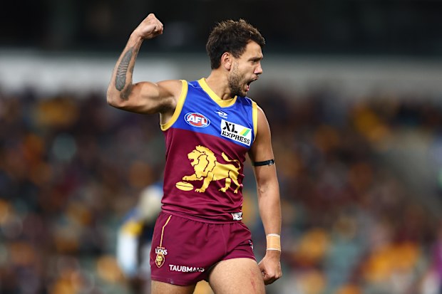 Callum Ah Chee of the Lions celebrates a goal during the round 19 AFL match between the Brisbane Lions and the Gold Coast Suns at The Gabba on July 23, 2022 in Brisbane, Australia. (Photo by Chris Hyde/AFL Photos/Getty Images)