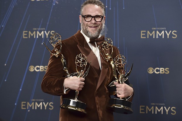 IMAGE DISTRIBUTED FOR THE TELEVISION ACADEMY - Seth Rogen poses in the press room with his Emmys at the 77th Emmy Awards on Sunday, Sept. 14, 2025 at the Peacock Theater in Los Angeles.  