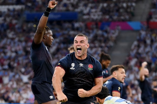Ben Earl of England celebrates as referee Mathieu Raynal awards a penalty.
