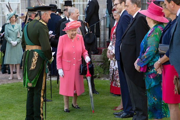 Queen Elizabeth II hosts a garden party at The Palace Of Holyroodhouse on July 3, 2019 in Edinburgh, Scotland 