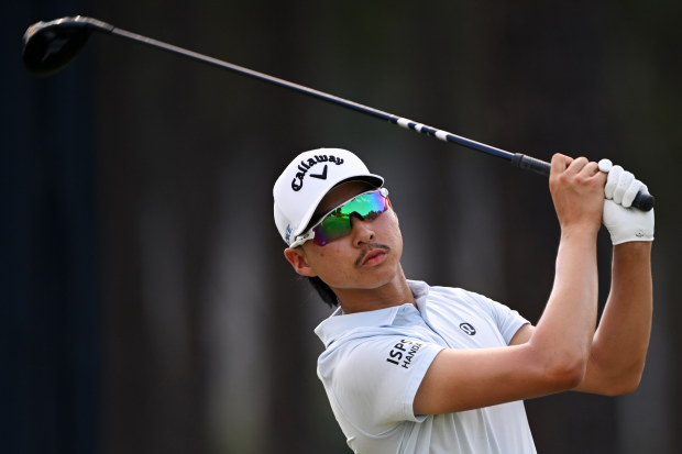 Min Woo Lee of Australia plays his shot from the fourth tee during the second round of the 124th U.S. Open at Pinehurst Resort on June 14, 2024 in Pinehurst, North Carolina. (Photo by Ross Kinnaird/Getty Images)