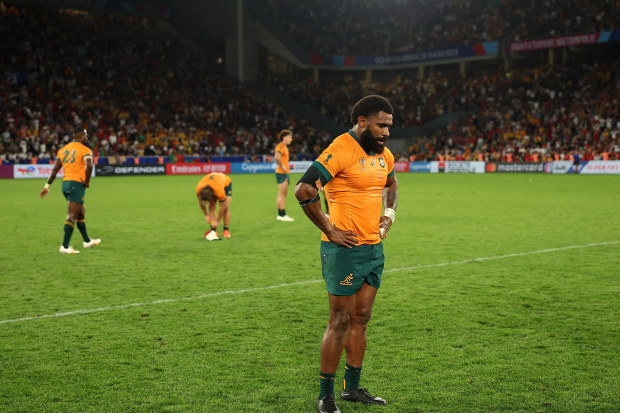 Marika Koroibete of Australia looks dejected at full-time following the Rugby World Cup France 2023 match between Australia and Portugal.
