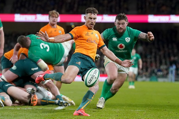 Nic White kicks the ball in Australia's Spring Tour Test against Ireland.
