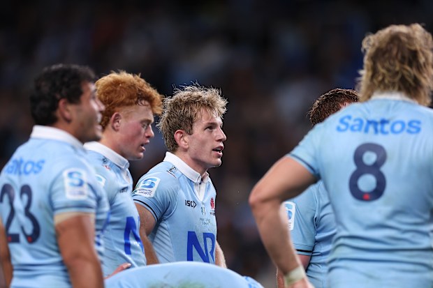 Max Jorgensen of the Waratahs looks on after the Chiefs scored a try.