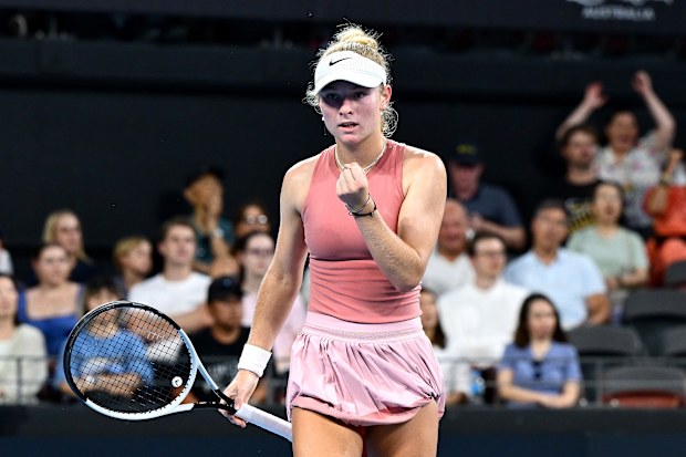 BRISBANE, AUSTRALIA - JANUARY 05: Emerson Jones of Australia celebrates winning a point in the womens singles match against Tatjana Maria of Germany during the 2026 Brisbane International at Pat Rafter Arena on January 05, 2026 in Brisbane, Australia. (Photo by Bradley Kanaris/Getty Images)