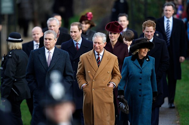 FILE - From left, Britain's Prince Andrew, Prince William, Prince Charles, Kate Duchess of Cambridge, Camilla Duchess of Cornwall and Prince Harry arrive to attend a Christmas Service at St Mary's church on the grounds of Sandringham Estate, the Queen's Norfolk retreat, England, Dec. 25, 2011. (AP Photo/Lefteris Pitarakis, File)